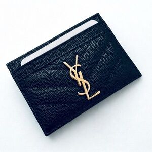 New Saint Laurent YSL Card Holder Grain de Poudre Leather Black Gold Hardware